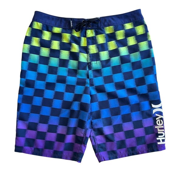 Hurley Boardshorts Men's Size 30 Checkered Swim Trunks Blue Purple Yellow Surf - Picture 1 of 14